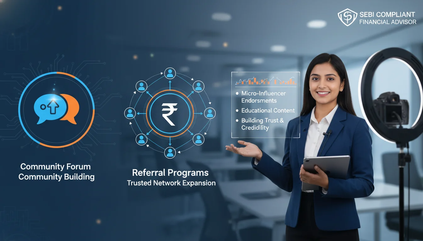 An image representing various cost-effective digital marketing strategies for Indian brokerage firms, including elements like a community forum icon, interconnected users for referral programs, and a professional, compliant micro-influencer presenting financial advice. Focus on concepts of organic growth, trust, and community engagement.