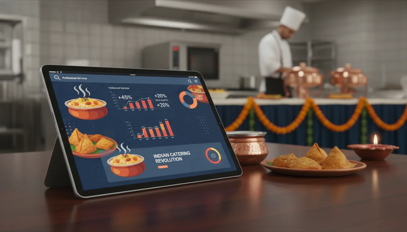 Vibrant and modern image showing a laptop or tablet displaying a digital marketing dashboard, overlaid with subtle elements of traditional Indian food and catering setups, symbolizing technology meeting tradition in the Indian catering industry. Focus on growth, professional services, and a touch of local flavor.