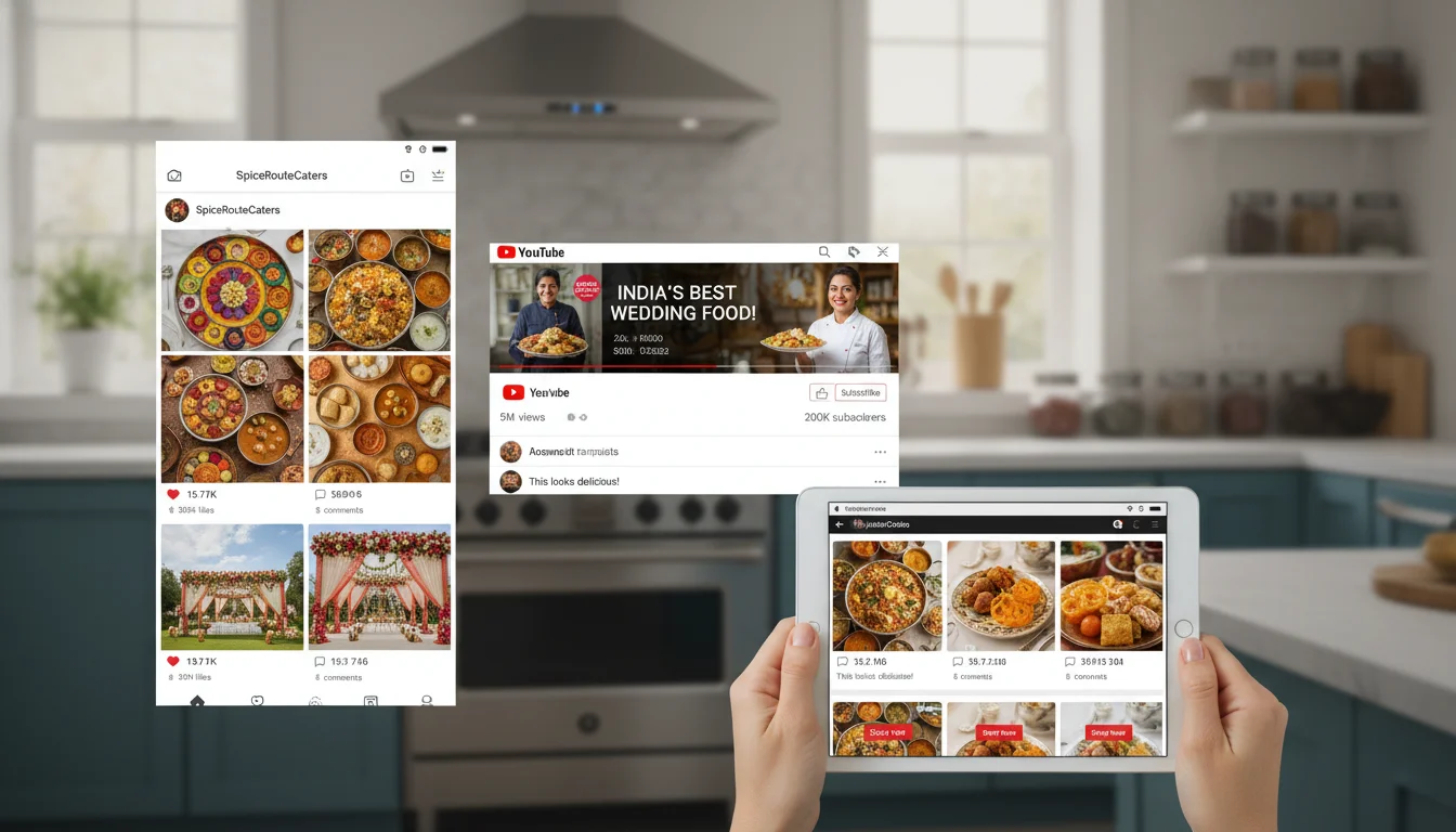 A bright, engaging image showing a collage or multi-screen view of various social media platforms (Instagram, YouTube) displaying high-quality, aesthetically pleasing Indian catering dishes and event setups. Include elements suggesting influencer content, engagement icons, and a smartphone or tablet in the foreground, emphasizing visual commerce and digital influence on food choices in India.
