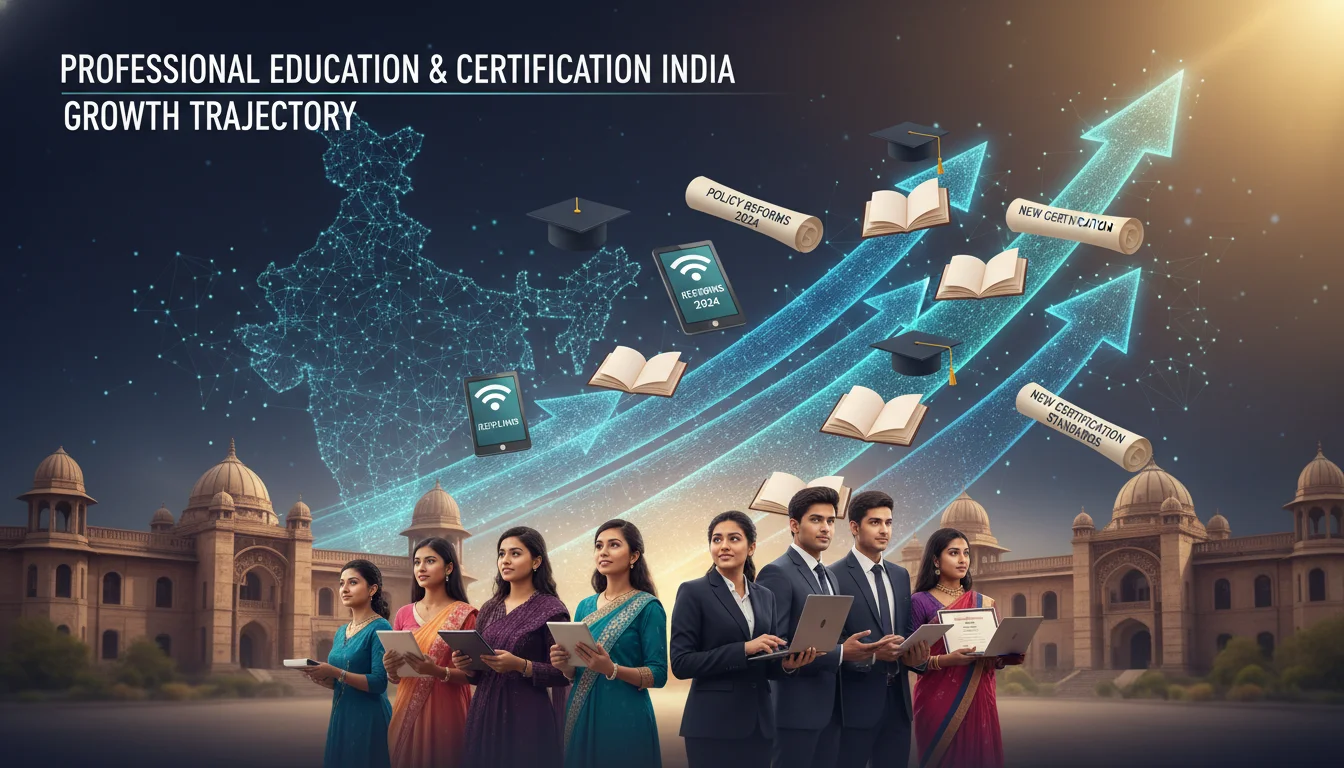 A dynamic visual representing the growth of professional education and certification in India, with elements like upward arrows, policy documents, and digital learning symbols, all against a backdrop of Indian educational institutions and a diverse student body.