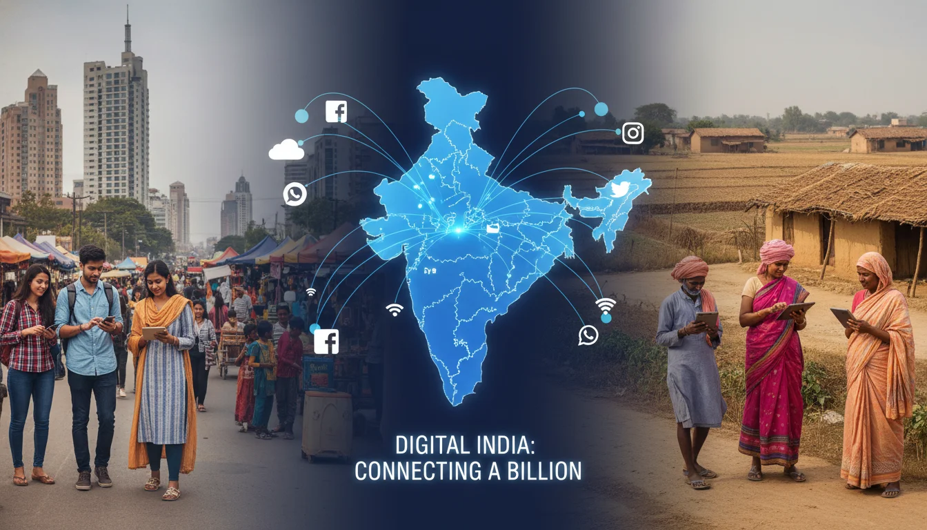 A visually engaging image showing the digital transformation across India. Diverse Indian people, from both urban and rural settings, are seen interacting with smartphones and tablets. Digital networks, social media icons, and a subtly integrated map of India with expanding digital reach are overlaid, emphasizing mobile-first access and widespread internet penetration.