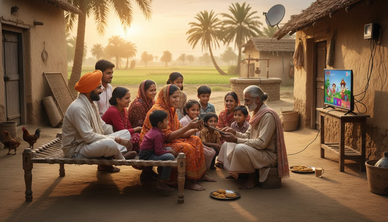 A warm and authentic depiction of a multi-generational Indian rural family or community gathered around, collectively interacting with various digital devices like a shared smartphone, a tablet, or even watching educational content on a smart television. Emphasize communal digital engagement and the increasing internet access in non-urban areas, with a backdrop of a typical Indian village setting.