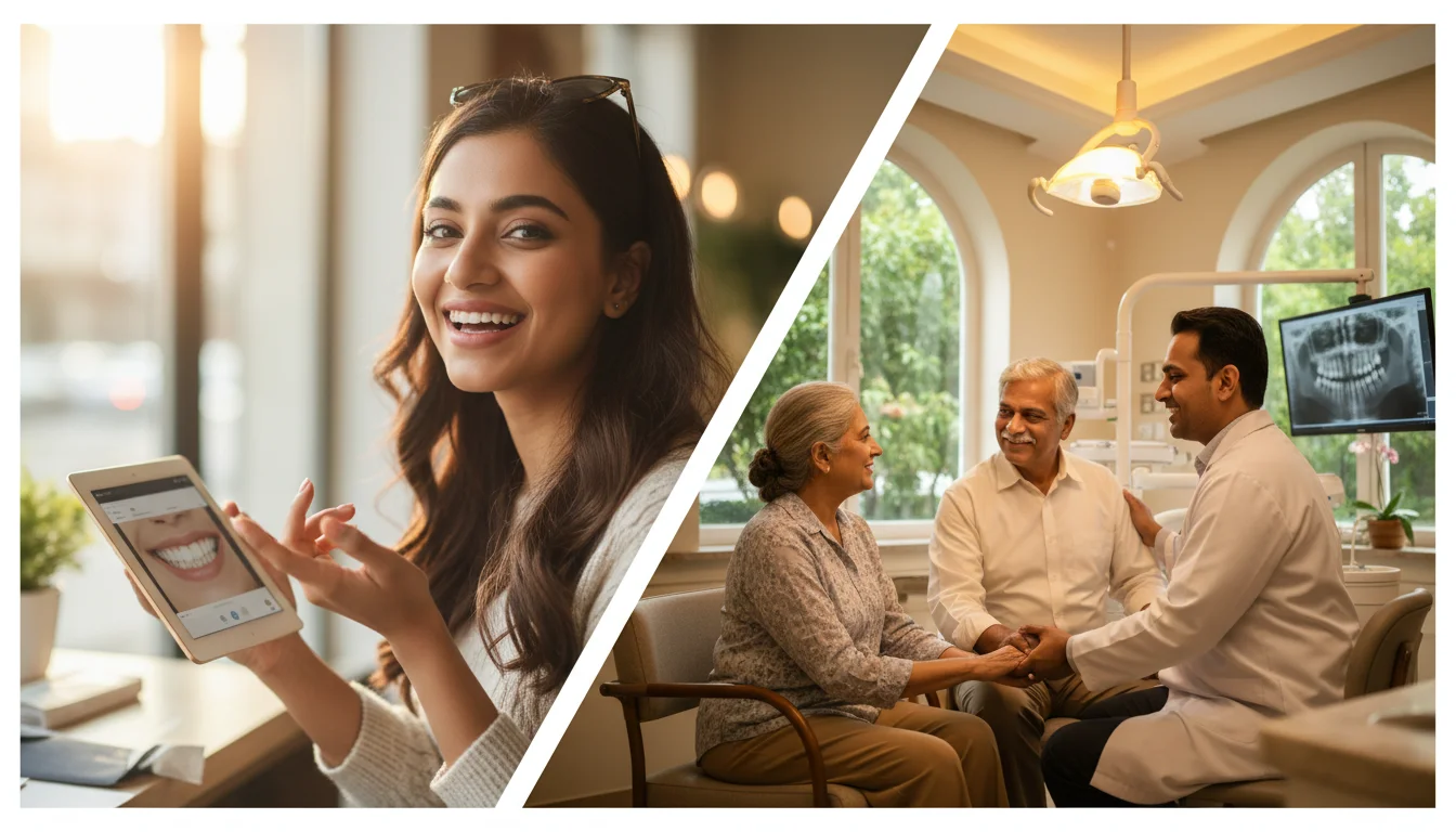 A split-screen composition representing diverse dental patient demographics in India: on one side, a young, tech-savvy Indian woman smiling confidently while showing her clear dental aligners; on the other, an older Indian couple engaged in a trust-filled conversation with a friendly dentist in a modern, brightly lit clinic. Cinematic lighting, warm and professional atmosphere.