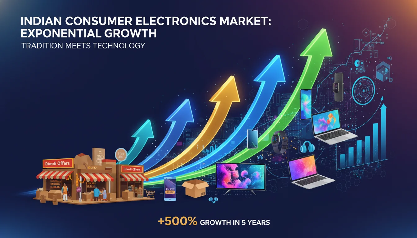 A dynamic infographic or visual representation showing the exponential growth of the Indian consumer electronics market, with upward trending arrows, diverse electronic gadgets (smartphones, TVs, laptops) fading into a futuristic digital interface, and a blend of traditional Indian retail elements with modern e-commerce symbols. Bright, modern, high-resolution.