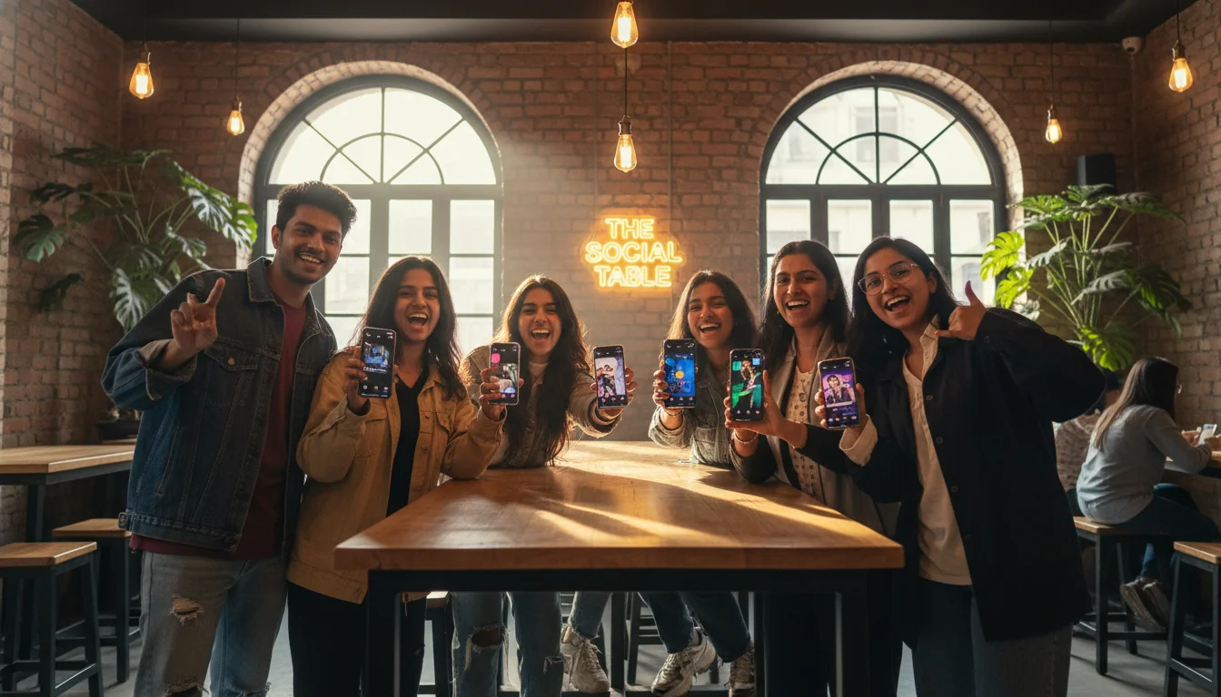 A diverse group of Indian Gen Z friends in a trendy Mumbai cafe, all holding high-end smartphones and reacting with excitement to a viral music reel on Instagram. Cinematic lighting, vibrant colors, shallow depth of field focusing on the energy and digital connection, 8k resolution.
