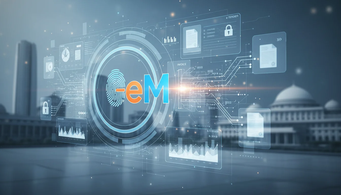 A modern, professional image showcasing the digital transformation of government procurement in India. Feature elements like the Government e-Marketplace (GeM) logo or interface, digital documents, data flows, and secure online transactions, with a backdrop subtly suggesting Indian public sector buildings or government initiatives. Highlight efficiency and scale, futuristic, clean design.