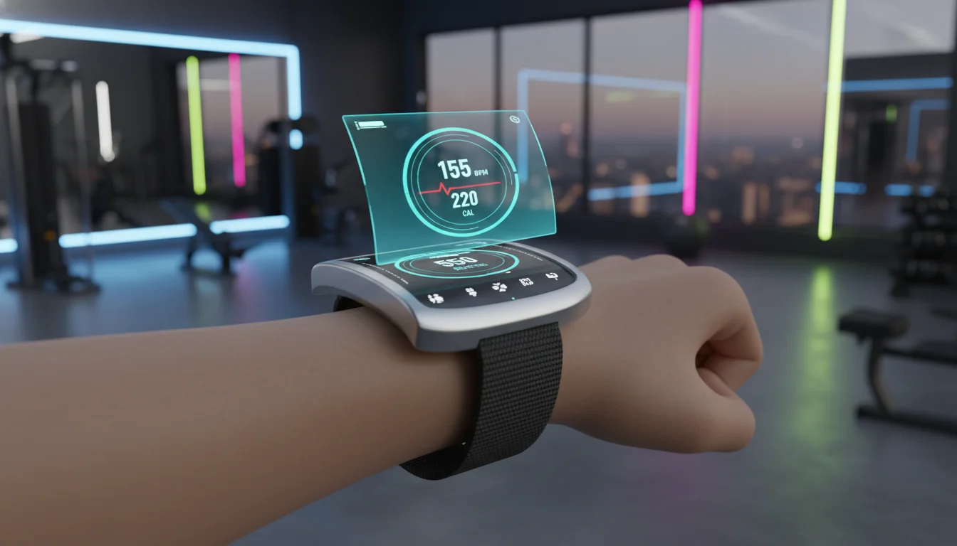 A high-detail 3D render of a futuristic fitness tracker on a person's wrist, displaying a glowing holographic health dashboard with heart rate and calorie metrics. The background shows a blurred, high-tech Indian gym interior with vibrant neon accents and premium equipment.