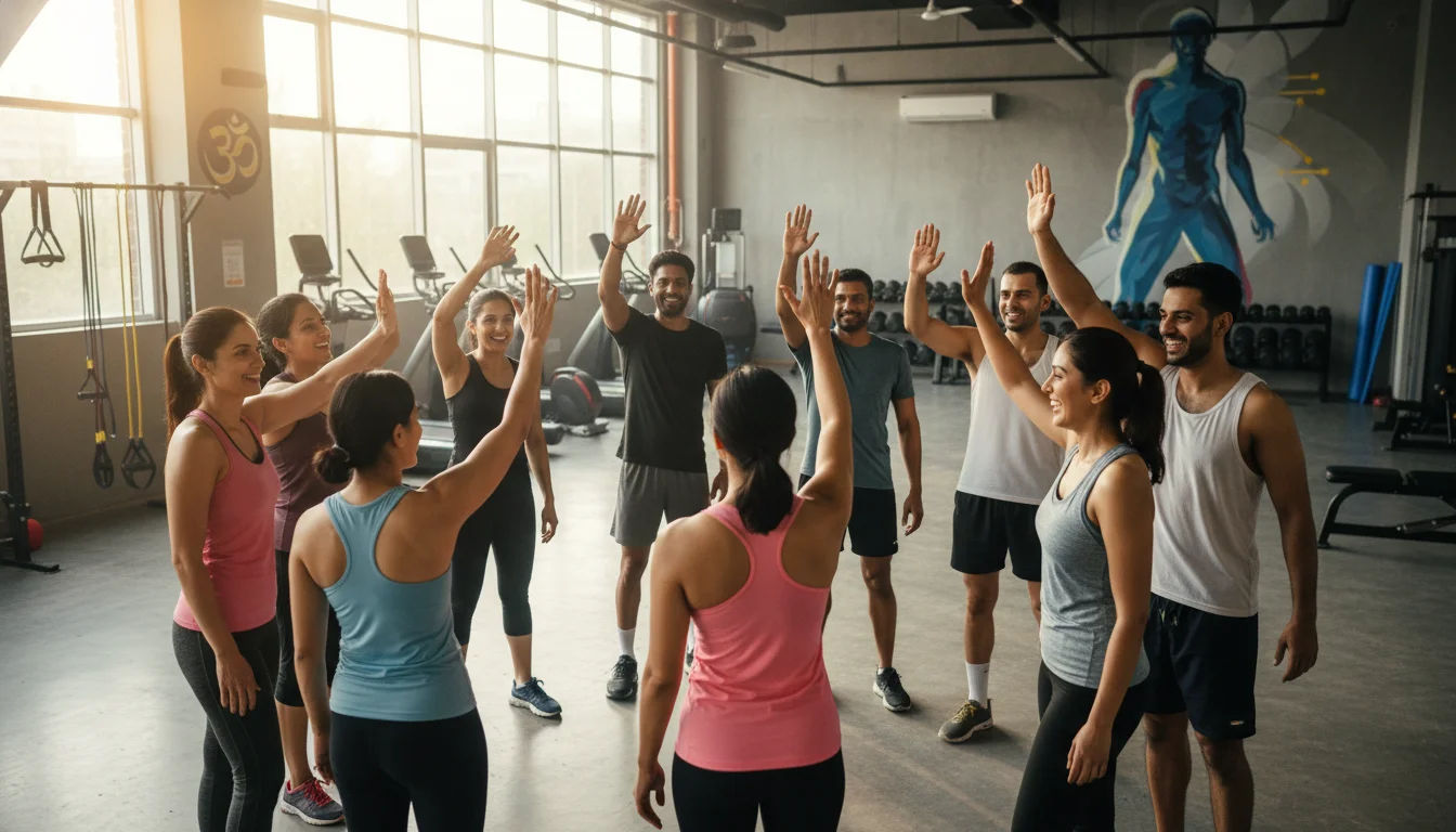 A realistic, professional photograph of a diverse and welcoming group of gym members in a modern Indian fitness center. They are high-fiving and laughing after a group session, emphasizing a non-intimidating, supportive community atmosphere. Bright natural lighting, 8k resolution.
