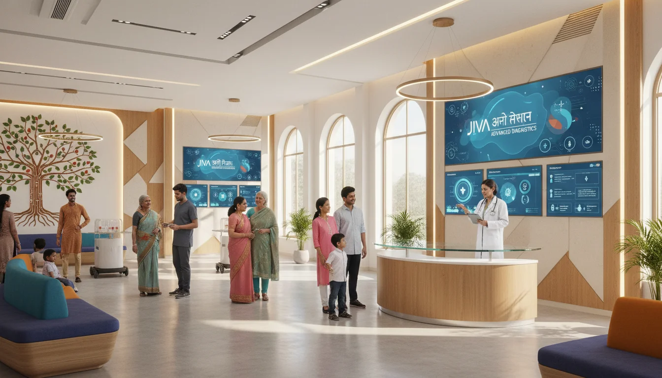 A vibrant, modern Indian hospital or diagnostic lab interior with subtle digital interface elements on screens. Focus on professional yet approachable atmosphere, possibly with a diverse group of patients and medical staff interacting with technology. Incorporate elements that suggest growth and advanced care in an Indian context. Bright, clean aesthetic.