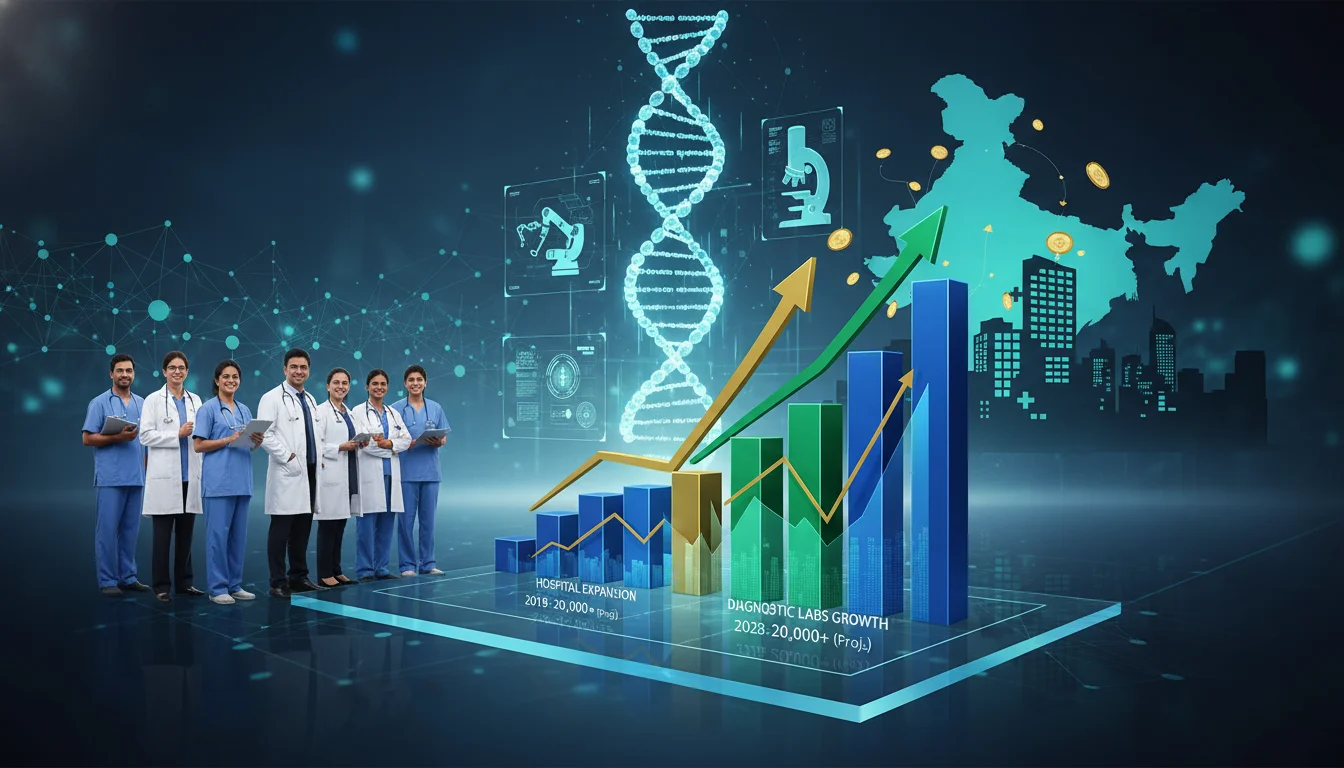 Visualizing the robust growth of the Indian healthcare market, with dynamic charts and graphs depicting expansion of hospitals and diagnostic labs, intertwined with subtle imagery of advanced medical technology and a diverse, professional healthcare workforce. The overall aesthetic should be forward-looking and indicate sustained financial expansion.
