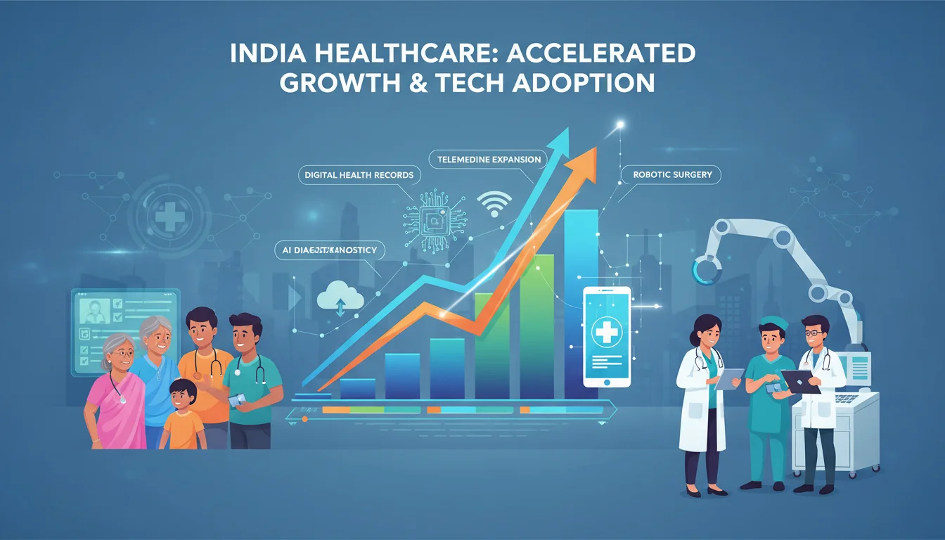A dynamic infographic style image illustrating the rapid growth and modernization of the Indian healthcare sector. Show rising charts, digital integration, and a diverse group of patients and healthcare professionals in a modern Indian medical setting. Emphasize progress and technological adoption in healthcare.