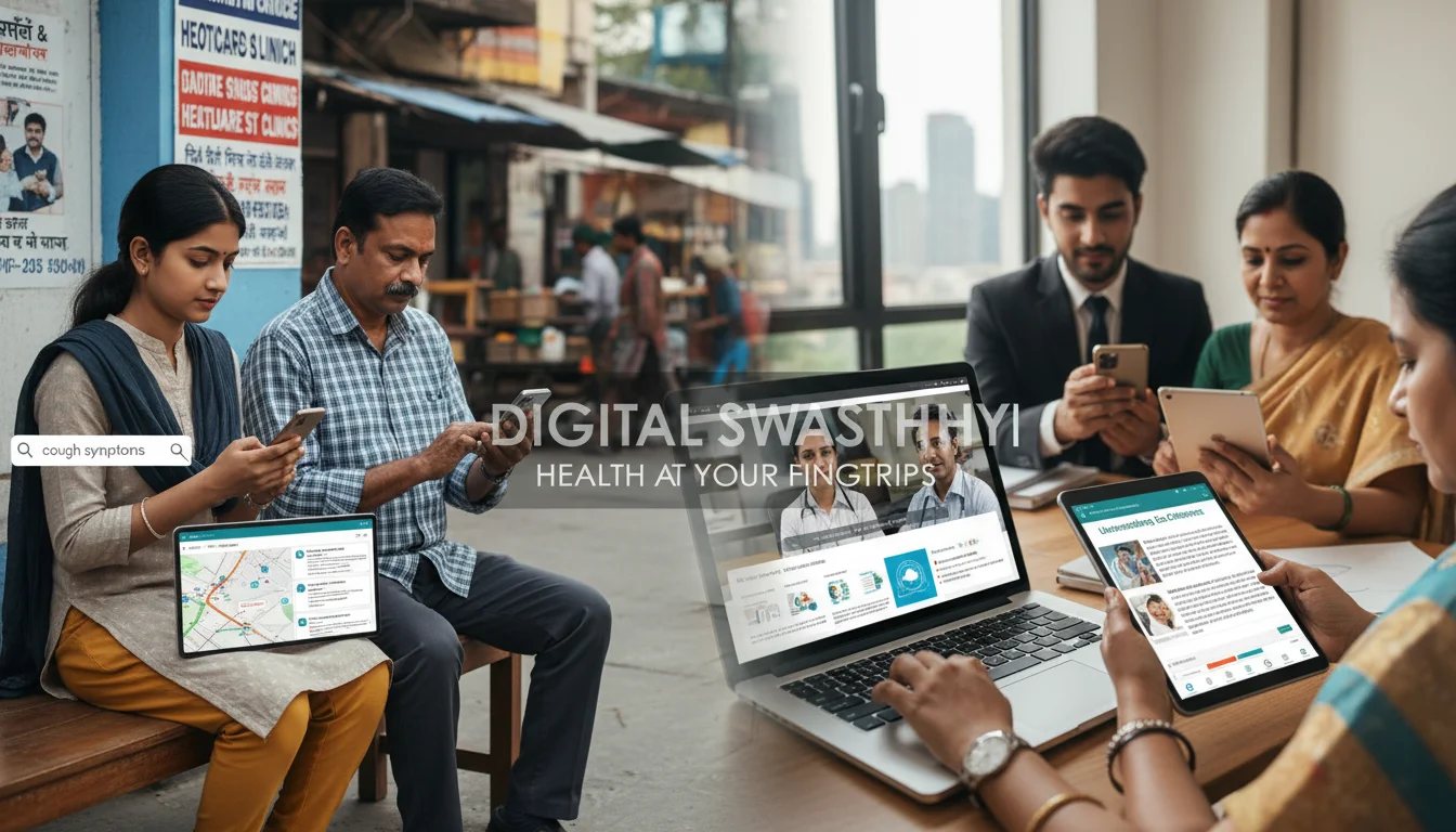 An image depicting diverse Indian patients, including individuals from Tier-2 cities and urban areas, actively using smartphones and computers to research symptoms, find healthcare providers, and engage with online health content. Show them browsing, typing, and potentially interacting with a telemedicine app, set against a backdrop suggesting both urban and semi-urban Indian environments. Emphasize digital health literacy.