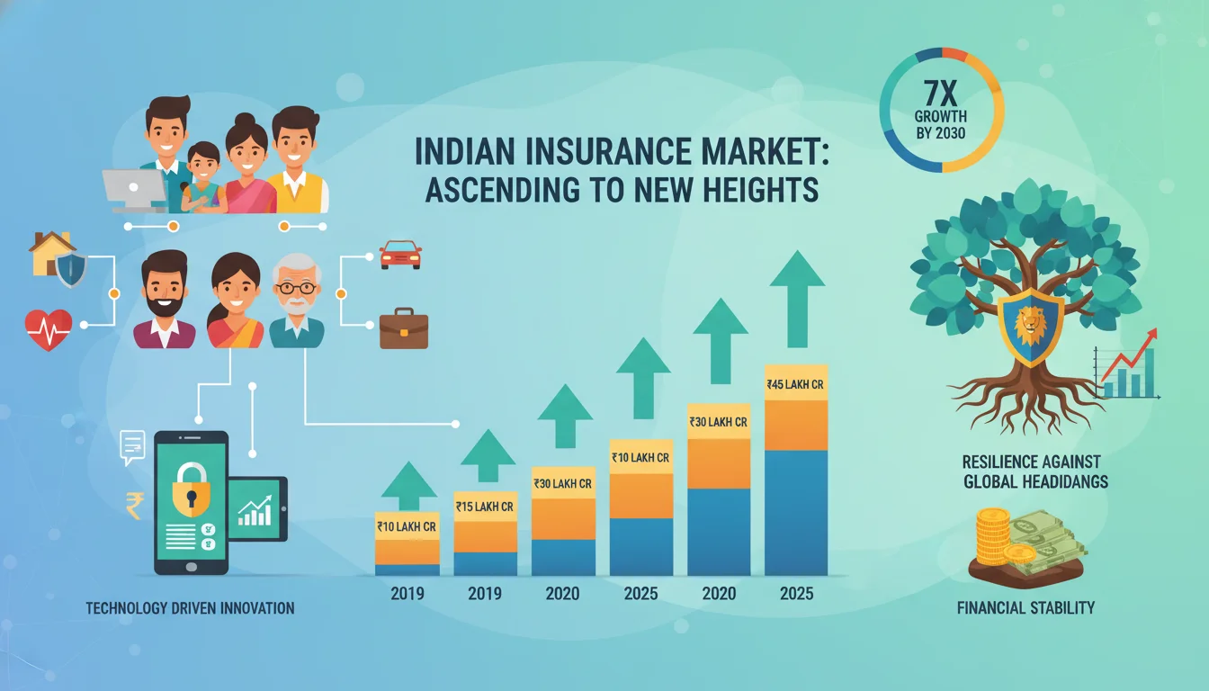 A vibrant infographic or visual representation of the booming Indian insurance market. Illustrates growth trends with upward-pointing arrows, rising bar charts, and financial figures. Elements could include a diverse group of Indian people representing different demographics, along with symbols of technology and financial stability. Emphasize growth and resilience in the face of global challenges. Bright and optimistic.