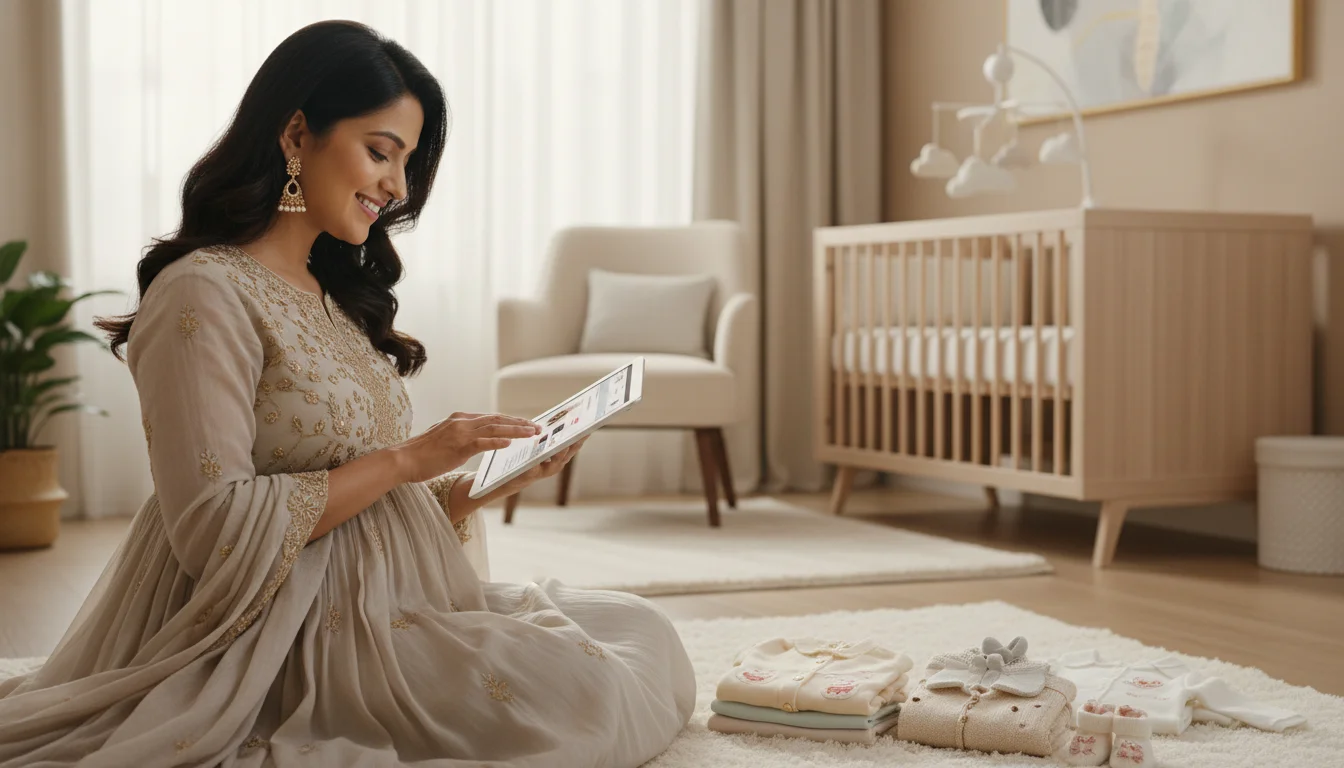 A high-quality, professional photograph of a modern Indian mother in stylish maternity wear interacting with a tablet for online shopping. Beside her is a collection of premium baby clothes. The background is a bright, minimalist nursery with soft natural lighting, 4k resolution, and a warm, corporate aesthetic.