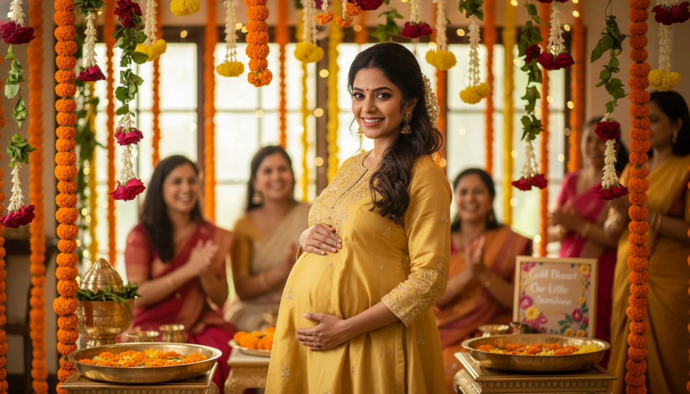 A beautiful, vibrant photograph of a modern Indian mother-to-be at her Godh Bharai ceremony, wearing a stylish and comfortable designer yellow silk maternity kurta. She is surrounded by elegant marigold and rose decorations. The image has a warm, celebratory atmosphere with professional bokeh lighting.