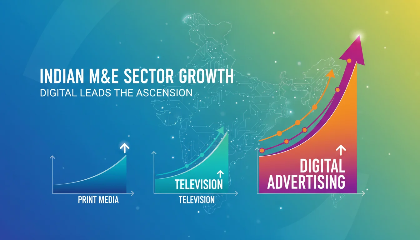 A dynamic infographic showing upward growth trends, representing the Indian media and entertainment sector's expansion, with digital advertising graphs rising prominently, surpassing traditional media like print and television, vibrant and modern style.