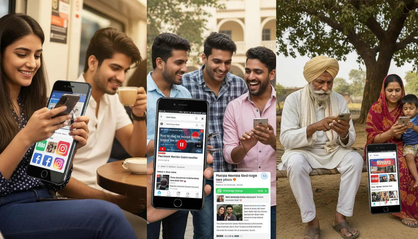 Diverse Indian individuals, both urban and rural, actively engaging with news on smartphones, showing various social media and messaging app interfaces (WhatsApp, Facebook, YouTube, Instagram icons subtly visible), highlighting mobile-first digital news consumption in India, warm and relatable.