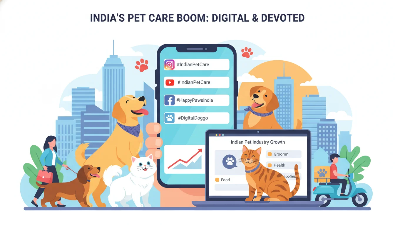 An illustrative image showcasing modern digital marketing elements (e.g., phone with social media icons, laptop) integrated with imagery of happy, well-cared-for pets (dogs, cats) in an Indian urban setting. The overall feel should be vibrant, professional, and forward-looking, emphasizing the growth of the pet care industry in India.