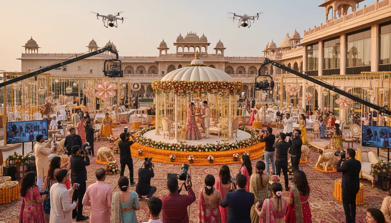 A grand, modern Indian wedding scene with multiple professional photographers and videographers using advanced equipment, including drones, capturing candid and cinematic moments. Focus on the scale and professionalism of the Indian wedding photography industry, with rich Indian cultural details.