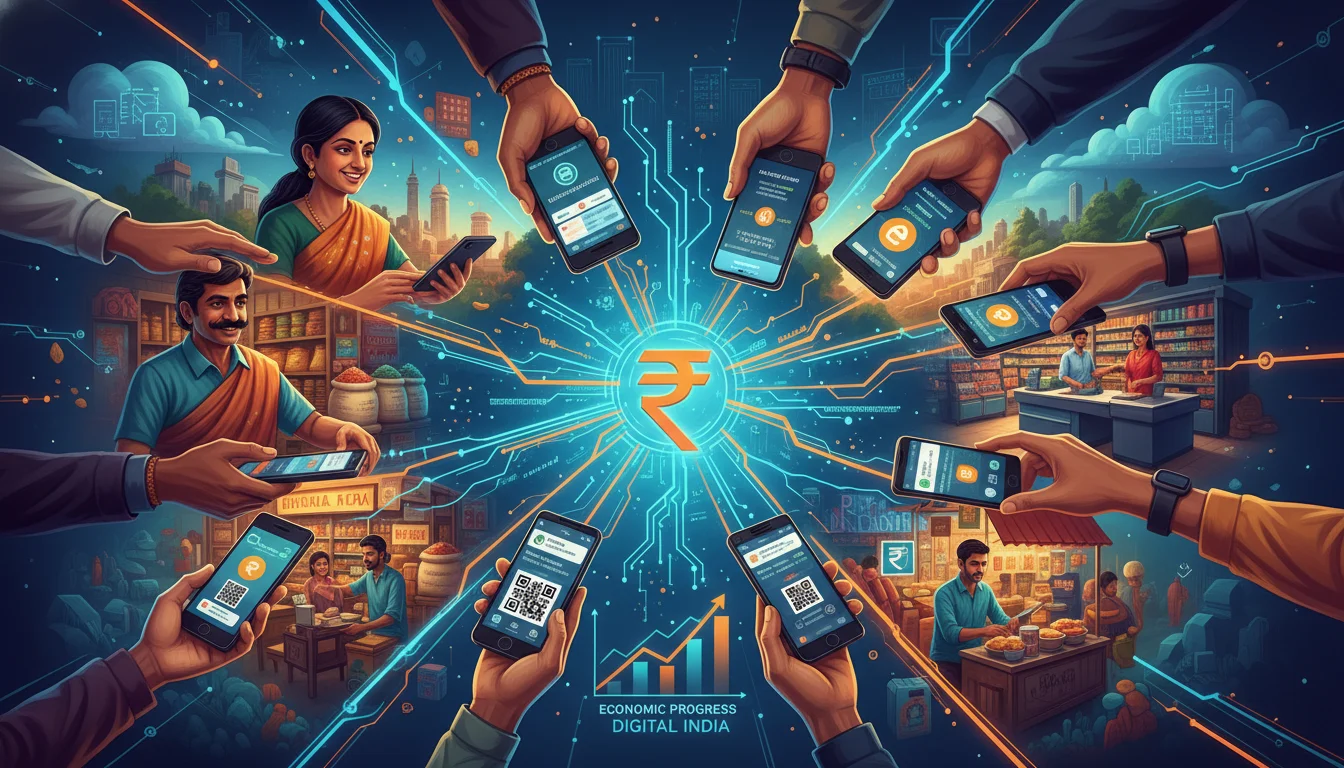 A visually dynamic illustration of India's digital payment ecosystem. Show multiple hands, some holding smartphones with UPI transaction screens, others making seamless payments at various Indian retail settings (e.g., a traditional kirana store, a modern supermarket checkout). Emphasize digital connectivity, low data costs, and the speed of transactions, with subtle futuristic digital lines connecting the elements. Hyperrealistic, vibrant, and conveying economic progress.