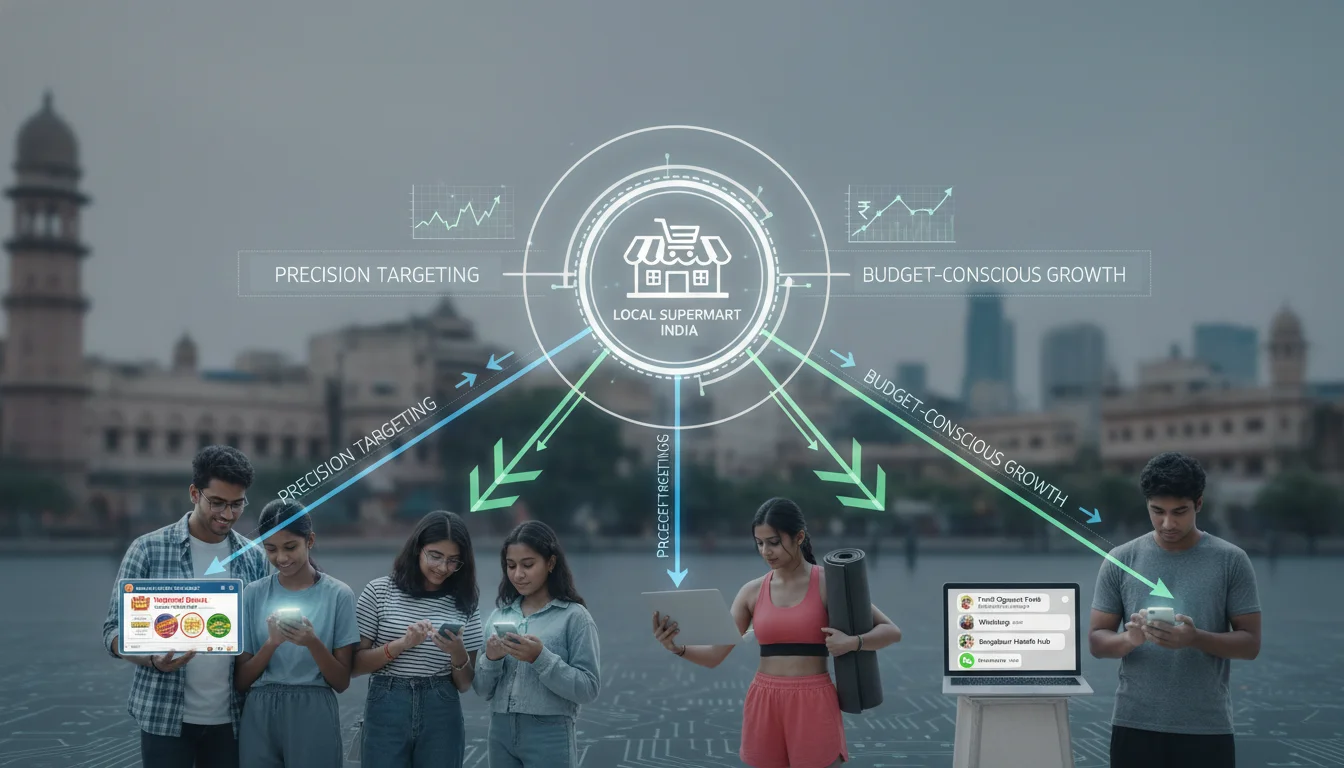 A visual metaphor for a strategic, localized digital marketing framework in Indian retail. Show a diverse group of Indian consumers (representing middle class, Gen Z, and health enthusiasts) interacting with different digital screens (smartphone, tablet, laptop) displaying local supermarket promotions, WhatsApp chats, and social media content. Overlay strategic arrows or light beams connecting these consumers to a central point representing a local supermarket, emphasizing precision targeting and budget-conscious digital growth. Bright, modern, hyperrealistic.