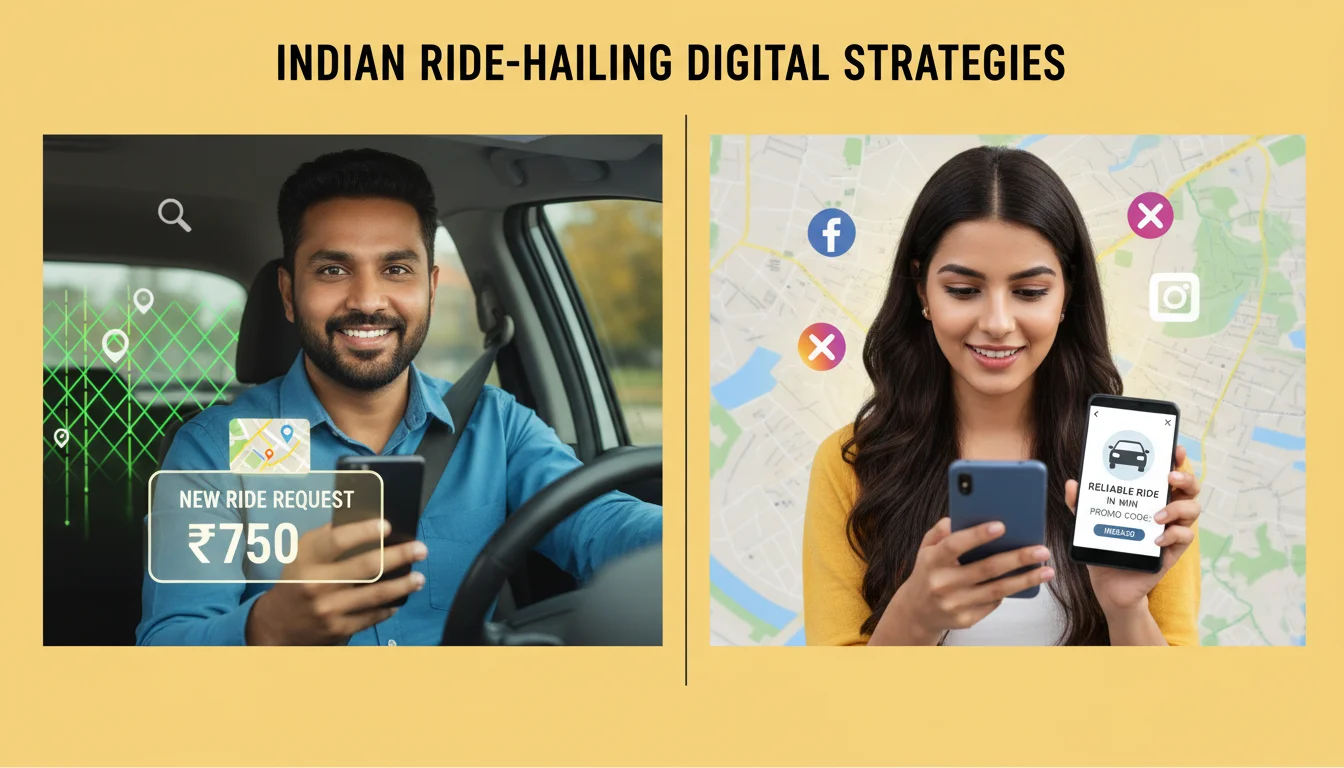 A collage or split image representing digital marketing strategies for Indian ride-hailing. One side shows a happy driver receiving a notification with transparent earnings, and the other side shows a user on a smartphone seeing a reliable ride offer. Subtle background elements of geo-fencing, local search results, and social media icons.