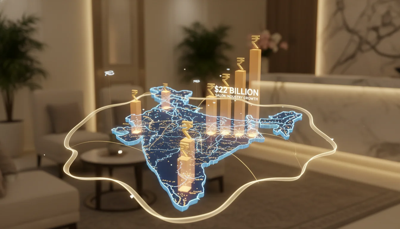 A high-resolution 3D infographic and data visualization showing a glowing map of India with rising financial bars and currency icons (INR) representing the salon industry's growth to $22 billion. The background features a blurred, premium spa reception. Cinematic lighting.