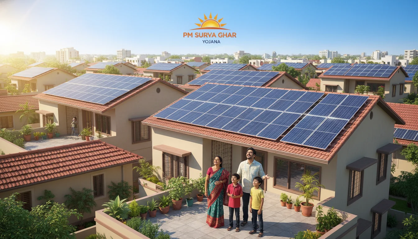 A vibrant, optimistic image showing an Indian residential neighborhood with multiple rooftops adorned with modern solar panels, reflecting sunlight. In the foreground, a diverse Indian family (perhaps middle-income) smiles, looking up at their solar-powered home, symbolizing energy independence and the success of government schemes like PM Surya Ghar Yojana. Emphasize a clean, sustainable future.