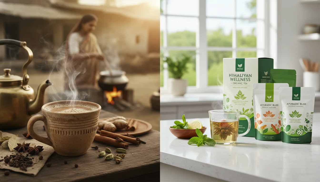 A visually rich collage showcasing the evolution of Indian tea consumption: on one side, a traditional cup of black tea in a rustic setting, and on the other, modern, vibrant packaging of organic green tea or a wellness herbal blend, reflecting health consciousness and diversification.