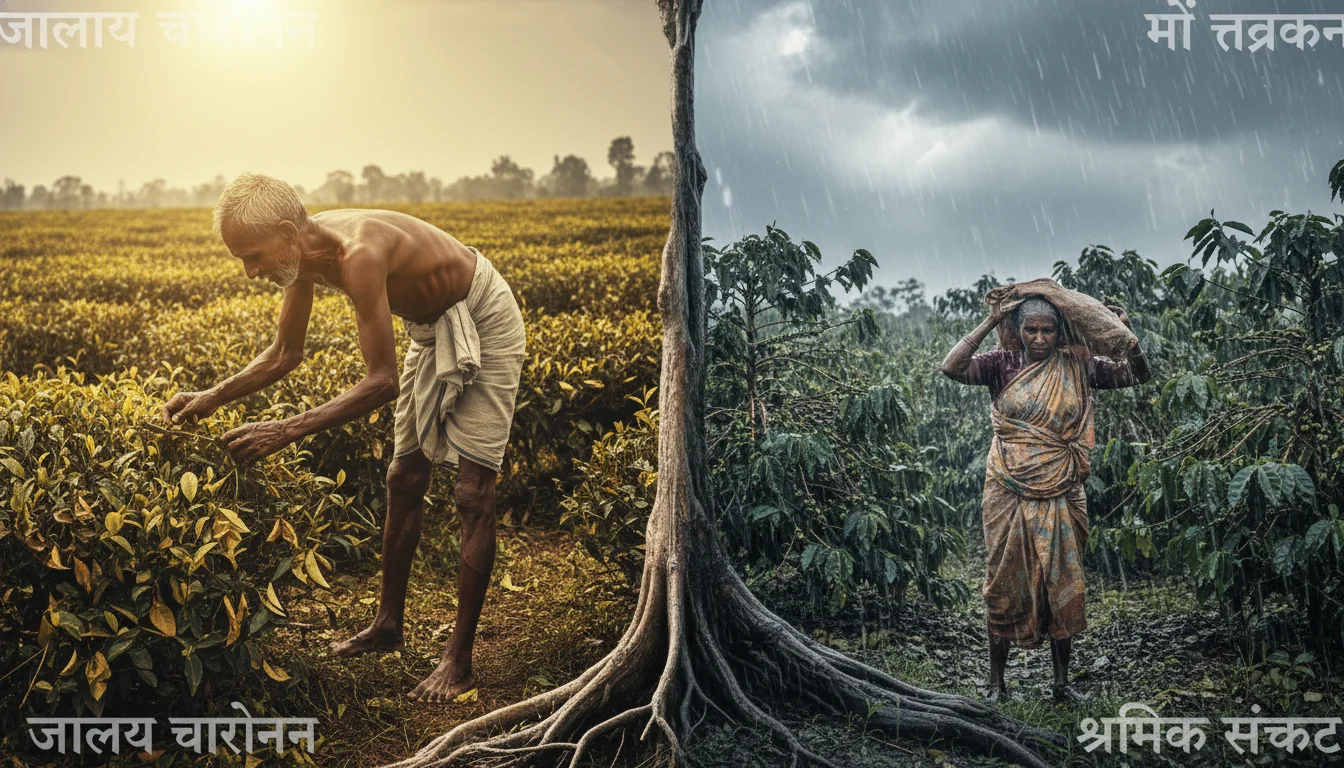 A stark, emotional image depicting the challenges faced by Indian tea and coffee farmers: wilting tea leaves and coffee plants under a scorching sun or heavy rain, with subtle hints of aging farmhands working diligently, symbolizing the impact of climate change and labor issues.