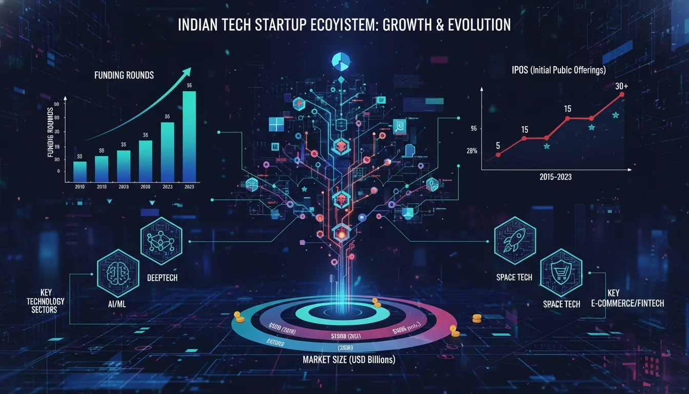 A dynamic infographic or abstract illustration representing the growth and evolution of the Indian tech startup ecosystem, featuring data visualizations of funding rounds, IPOs, market size, and key technology sectors like AI and DeepTech, set against a modern, digitally-themed background.