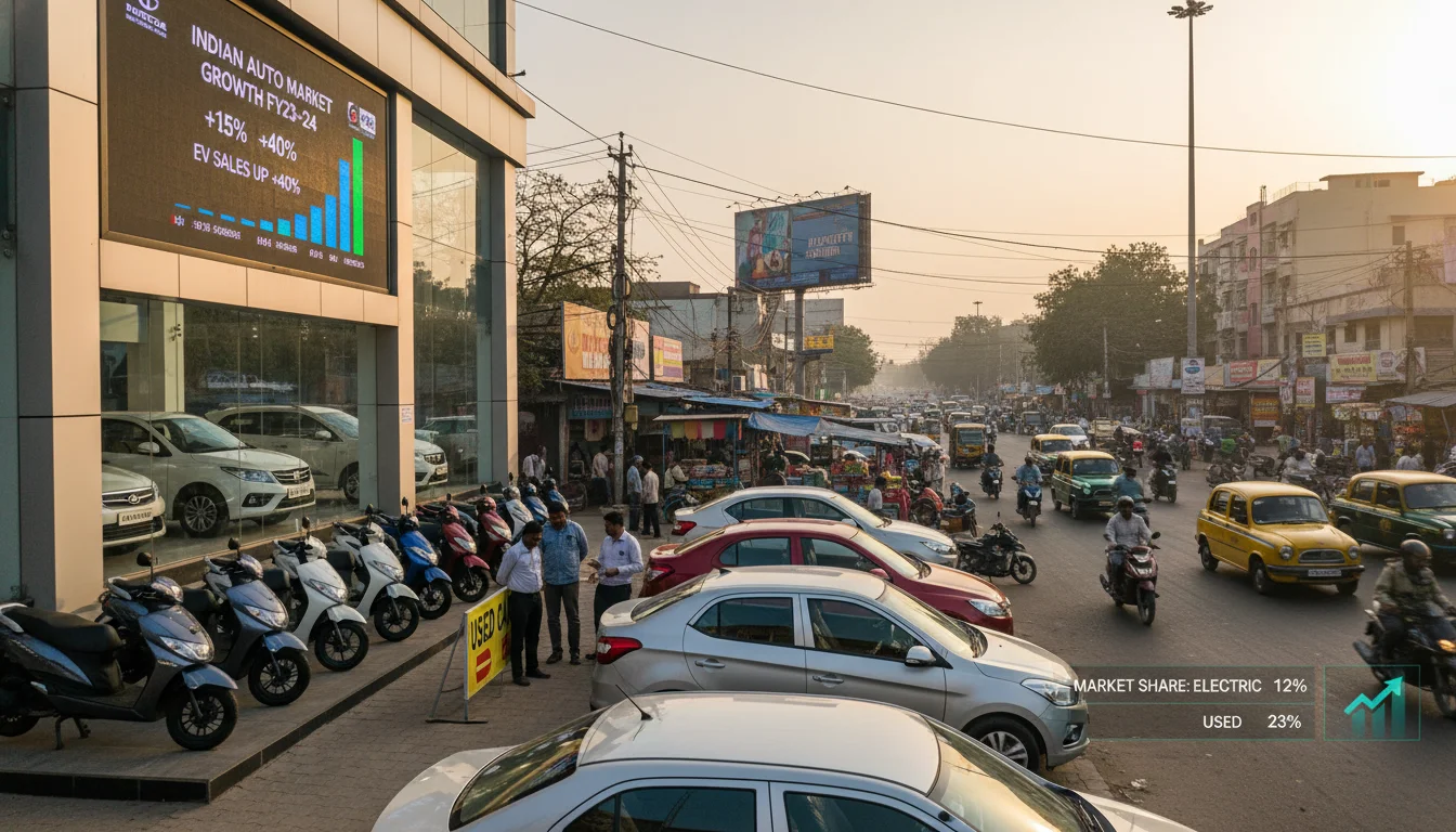 A vibrant, bustling Indian street scene, showing a mix of new electric scooters, modern cars, and used cars being showcased in a dealership setting. Emphasize the diversity of vehicles and the dynamic growth of the market, perhaps with subtle digital overlays indicating market trends or sales data. Indian context, realistic style.