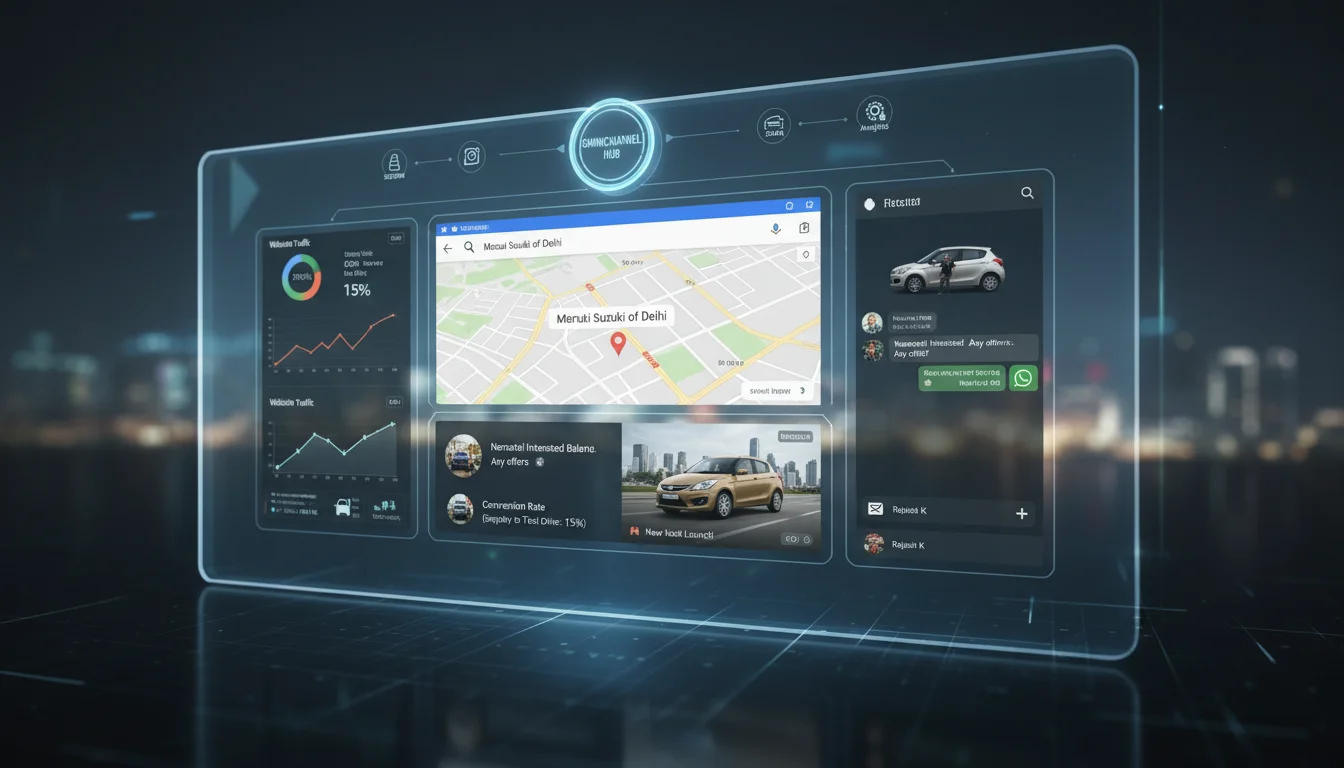 A multi-screen interface depicting various digital marketing channels tailored for an Indian vehicle dealership. Show elements like a Google Maps local listing with a car icon, a social media feed displaying a car reel, a WhatsApp chat interface with a car inquiry, and a data dashboard with analytics. The screens should be interconnected, symbolizing an omnichannel approach. Focus on technology, connectivity, and the Indian market context. Modern, clean aesthetic.