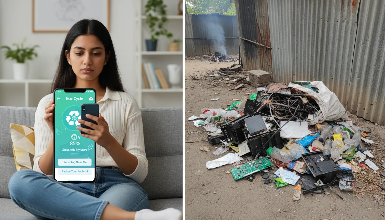 A split image showing an Indian person actively using a smartphone with a recycling app or sustainability content on one side, and on the other side, common household waste (e.g., e-waste, plastic) that hasn't been properly disposed of, perhaps hinting at informal disposal. The image should highlight the gap between digital awareness and physical action in Indian waste management, with a clean, modern aesthetic.