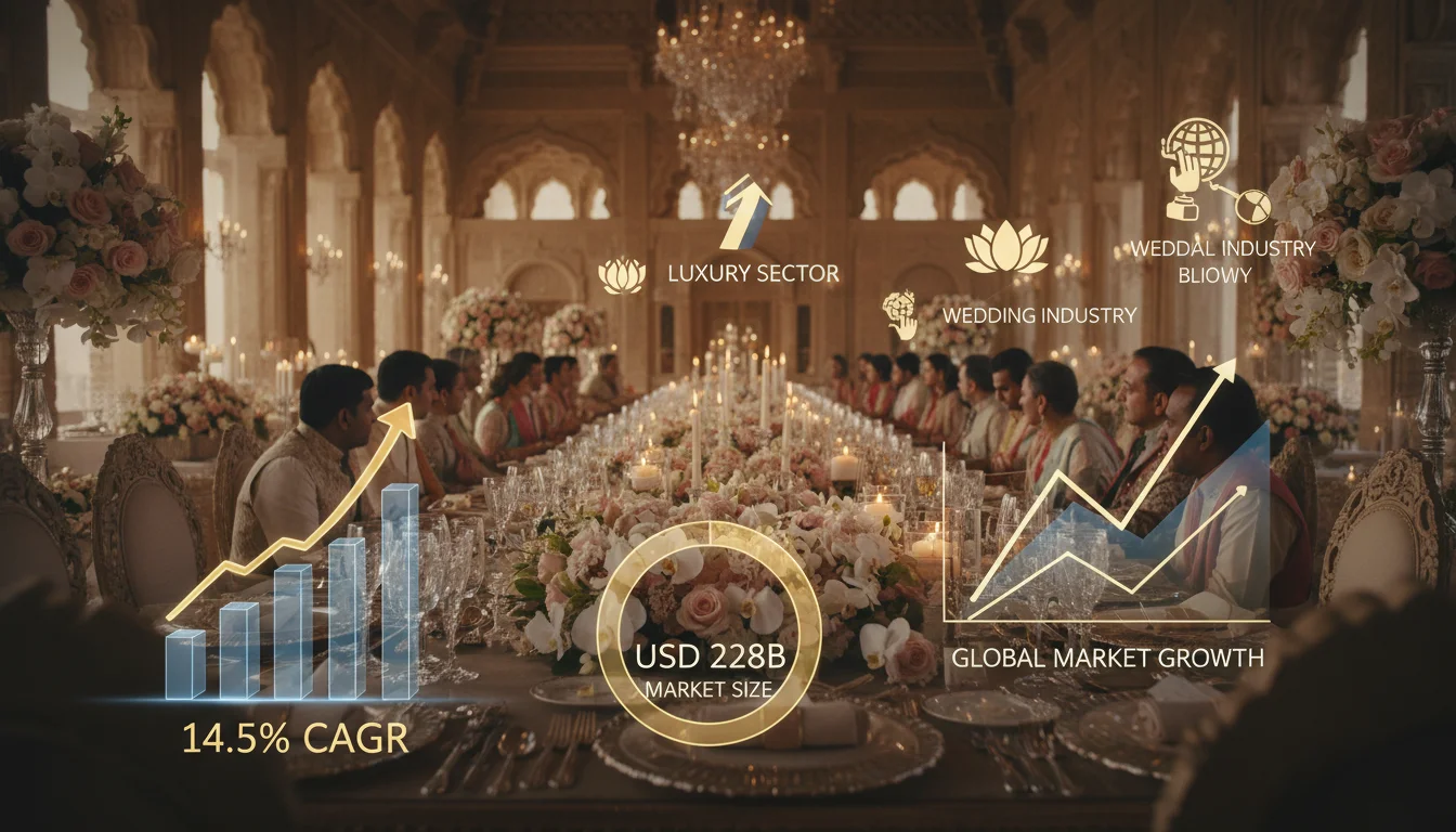 A sophisticated infographic overlaying a high-end Indian wedding reception. The background shows a lavishly set long dinner table with crystal glasses and floral arrangements in a heritage hall. Floating transparent 3D charts and golden text icons highlight growth statistics like '14.5% CAGR' and 'USD 228B Market Size'. Cinematic lighting, luxury aesthetic.