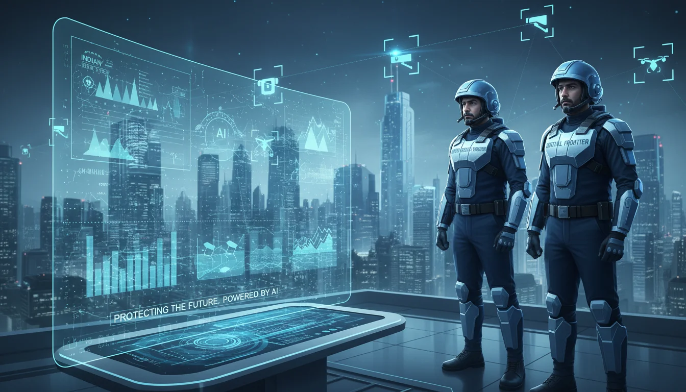A high-tech digital marketing visualization for Indian security services, featuring a futuristic city skyline with holographic data charts, AI surveillance icons, and professional security guards, in a sleek blue and silver corporate style.