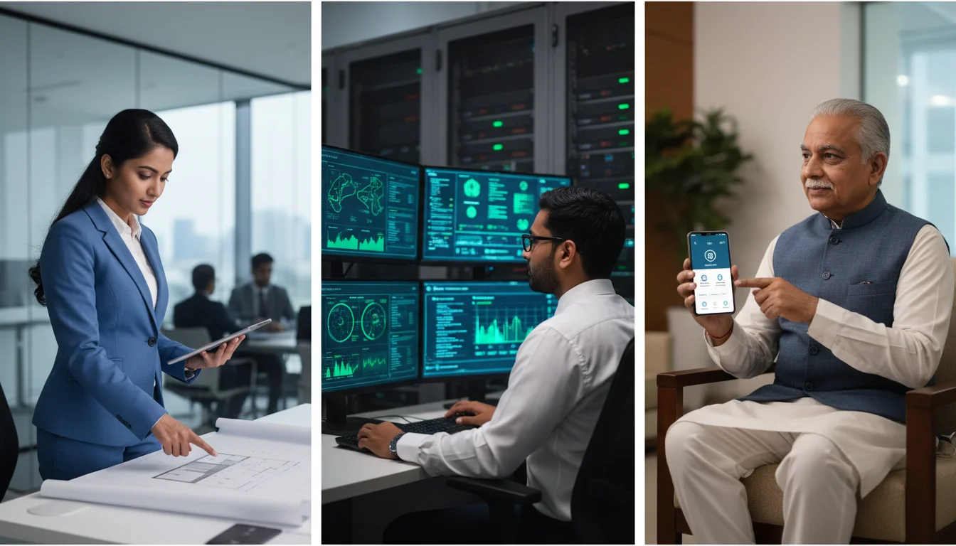 A professional collage showing three distinct Indian personas: a focused female corporate facility manager in a glass office, a male IT director looking at a cybersecurity dashboard, and an elder resident association president reviewing a mobile security app, clean corporate photography style.