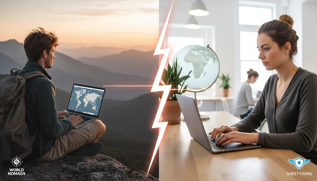 A vibrant, split-screen image. On one side, a backpacker with a laptop in a scenic outdoor setting (representing World Nomads). On the other, a person working remotely from a modern, minimalist cafe with a subtle globe in the background (representing SafetyWing). Both sides convey global connectivity and security.