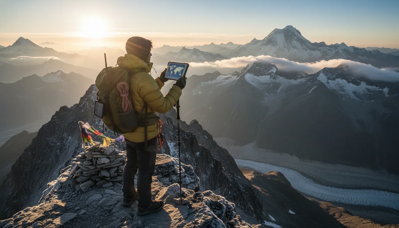 An adventurous digital nomad standing on a mountain peak, looking at a stunning landscape. They have a small, rugged backpack and perhaps a satellite phone. The image should convey both the thrill of adventure and the potential risks, with subtle elements hinting at high-altitude trekking.