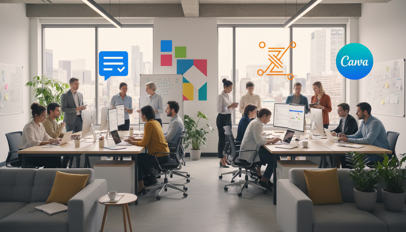 A vibrant, modern office environment within an NGO, showing diverse development professionals collaborating and actively using laptops and tablets. Subtle visual cues or floating icons representing Trello, Google Forms, Zapier, and Canva should be present, indicating widespread digital tool adoption for various tasks like project management, data collection, and visual communication. The atmosphere should be productive and forward-thinking.