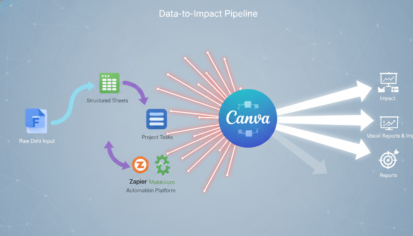 An abstract yet clear visual representation of data flow and integration between various digital tools. Dynamic lines and arrows connecting distinct but recognizable icons for Google Forms, Google Sheets, Zapier (or Make.com), Trello, and Canva. The overall image should convey a seamless, automated 'data-to-impact pipeline,' showing information transforming from raw input to structured analysis, project tasks, and finally, compelling visual reports. Clean, modern aesthetic with a sense of efficiency.