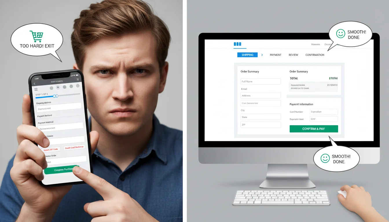 A visual comparison of an e-commerce checkout experience on a mobile phone versus a desktop computer. The mobile screen should appear crowded and difficult to navigate with a high abandonment rate implied (e.g., a frustrated user's thumb hovering). The desktop screen should look spacious, clear, and easy to complete a transaction, suggesting a lower abandonment rate. Use UI elements like form fields and progress bars to highlight the difference.