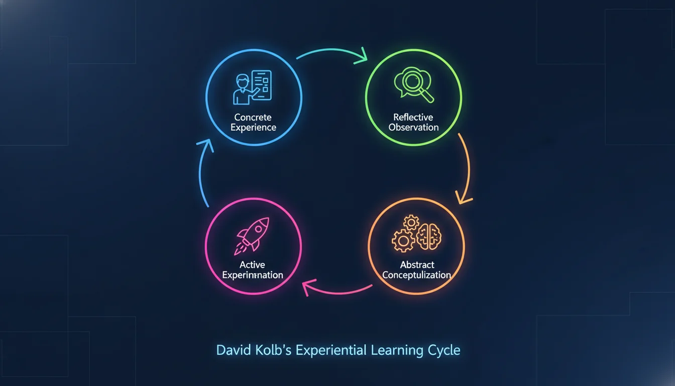 A vibrant digital illustration depicting David Kolb's Experiential Learning Cycle. Four interconnected circular icons representing Concrete Experience, Reflective Observation, Abstract Conceptualization, and Active Experimentation, styled with modern business graphics and glowing neon gradients. High-resolution, instructional design aesthetic.