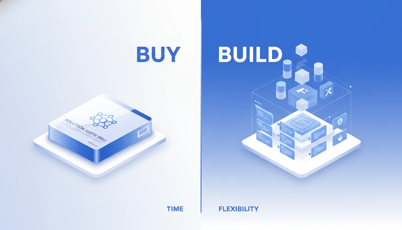 A conceptual comparison graphic of 'Build vs Buy' in software. On one side, a sleek retail box representing off-the-shelf software; on the other, a blueprint and digital building blocks representing custom development. Clean, corporate 3D isometric style with professional blue and white tones.
