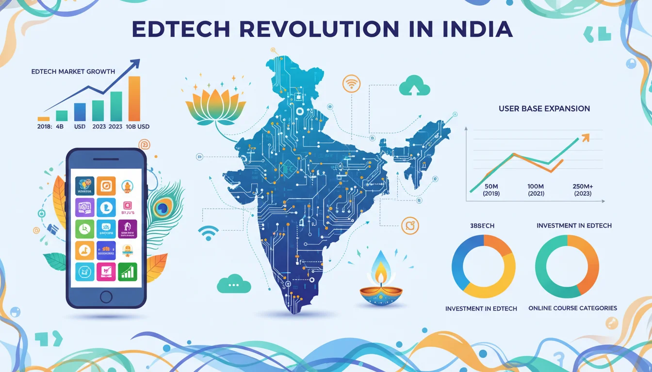 An infographic-style image depicting the growth of EdTech in India, with digital marketing elements like a smartphone showing learning apps, data charts, and Indian cultural motifs, bright and modern.