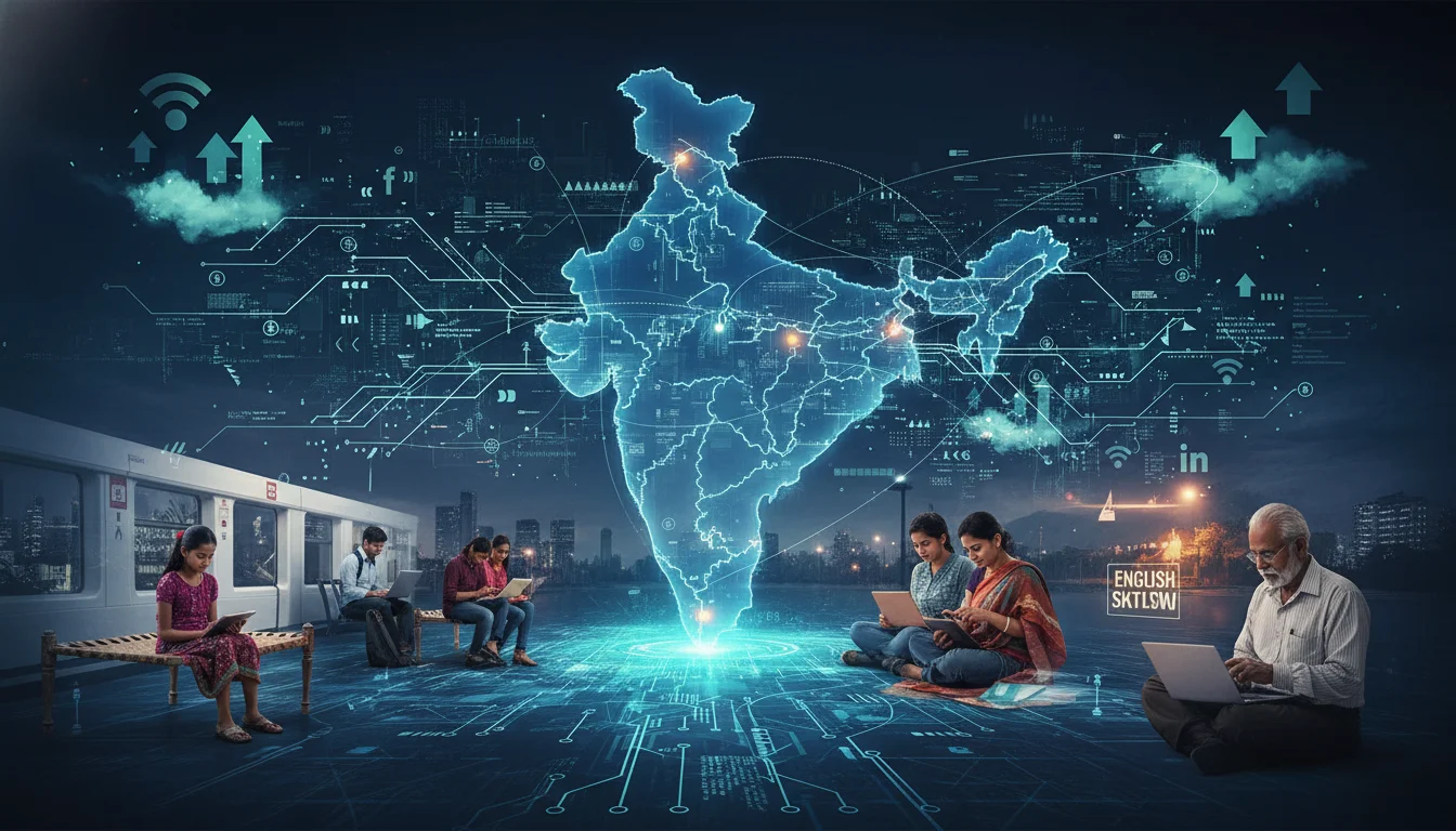 An image representing the vast digital landscape of India, with a focus on mobile learning. Show diverse Indian people of various ages using smartphones and tablets for education, with digital connections radiating across a map of India. Elements like data flow, Wi-Fi symbols, and social media icons can be subtly integrated, emphasizing accessibility and connectivity.