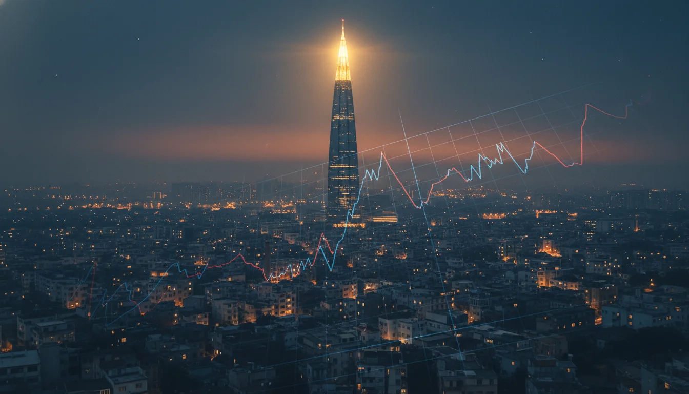 A stark visual representation of extreme wealth concentration: a towering, luxurious skyscraper isolated amidst a vast, struggling urban landscape, with a single, glowing light at the very top representing concentrated wealth, and obscured, numerous smaller lights below. Emphasize the disparity and a sense of systemic imbalance.