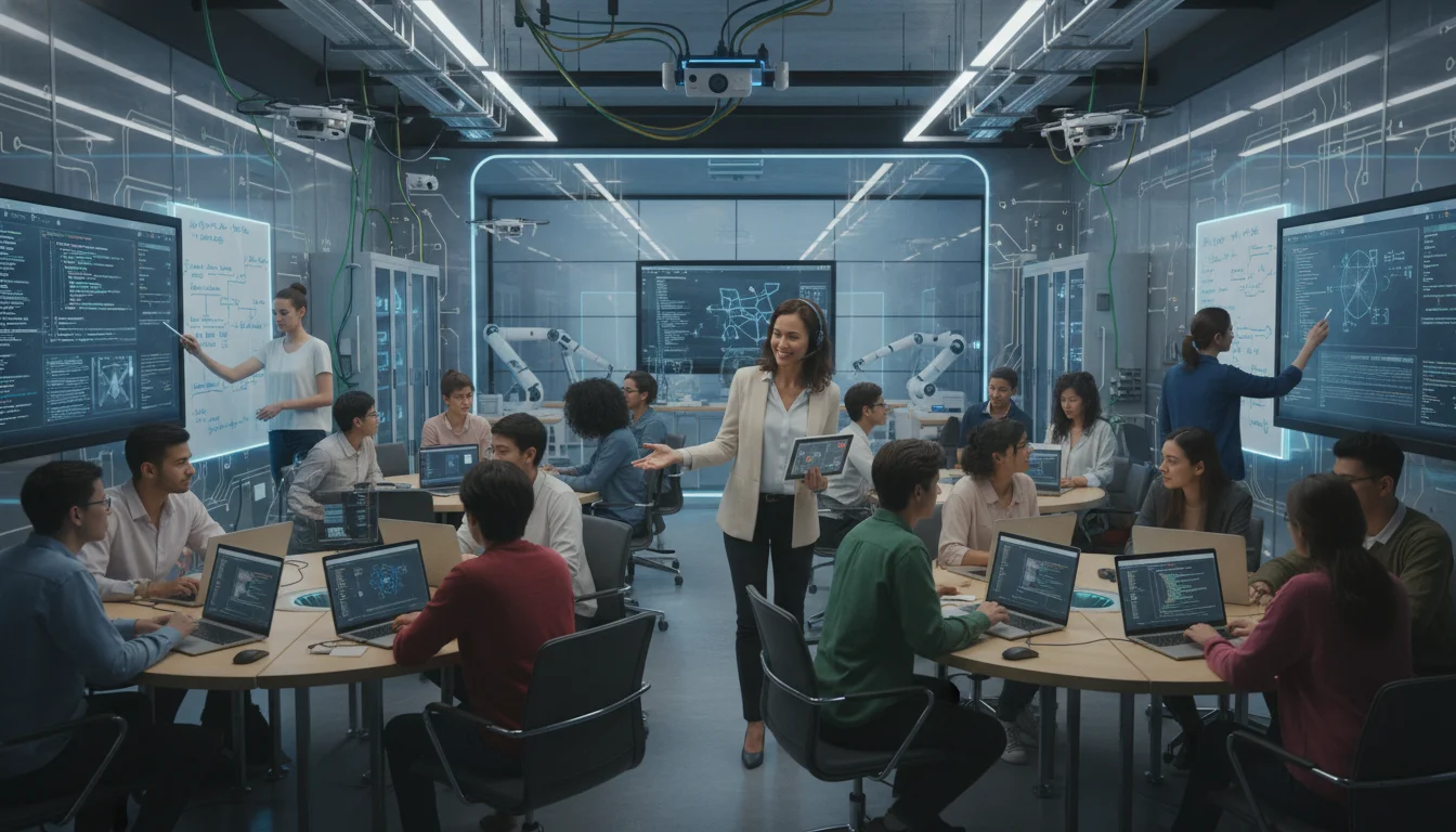 An engaging IT classroom scene with diverse students actively collaborating, using laptops and whiteboards. The teacher facilitates discussion. Elements of technology and innovation are present, symbolizing effective classroom management and student engagement in a technical education setting.