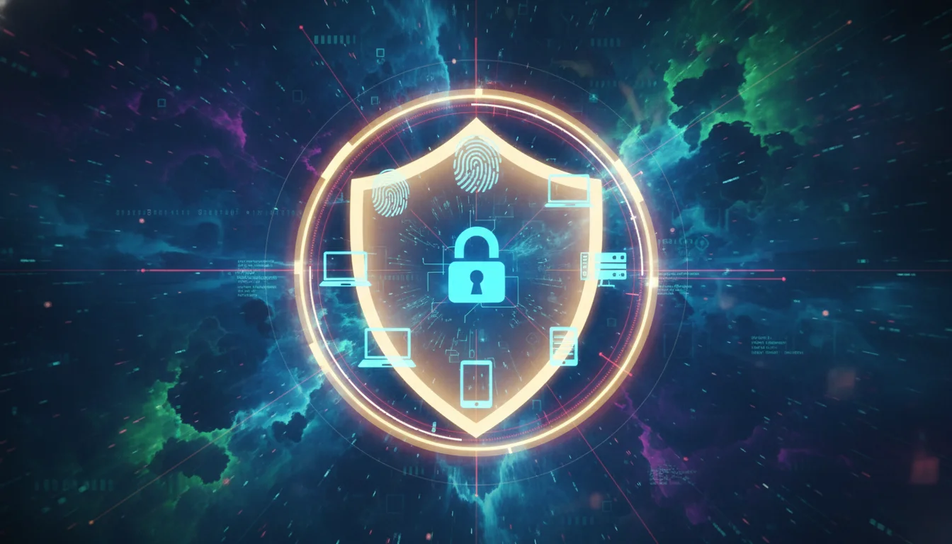 An abstract representation of a secure, interconnected digital network for a remote enterprise. Visualize identity icons (like a lock or fingerprint) seamlessly merging with endpoint device icons (laptops, servers), all protected by a glowing shield or a continuous loop, symbolizing integration and real-time threat detection. The background should hint at a distributed, cloud-based environment with faint data streams and a futuristic, secure aesthetic.