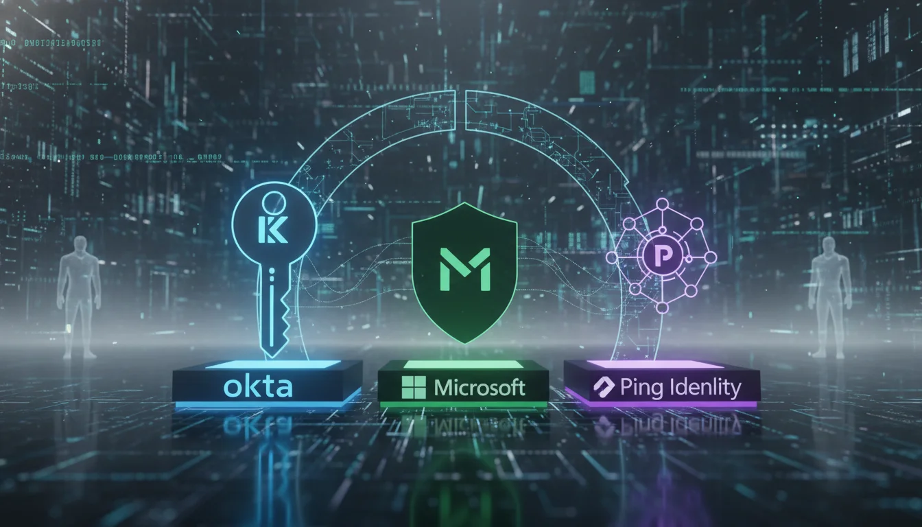 A visual representation of three distinct but interconnected pillars or platforms, each subtly branded with a unique icon (e.g., a key for Okta, a shield for Microsoft, a network node for Ping Identity), coming together to form a robust identity and access management system. The background should imply digital security and interconnectedness, without being overly specific to any one vendor.